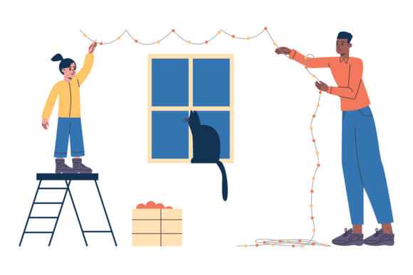 Couple Hang Garland Lights Illustrations