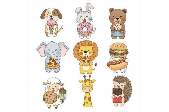Cute Animals Eating Food Cartoon Style Illustrations