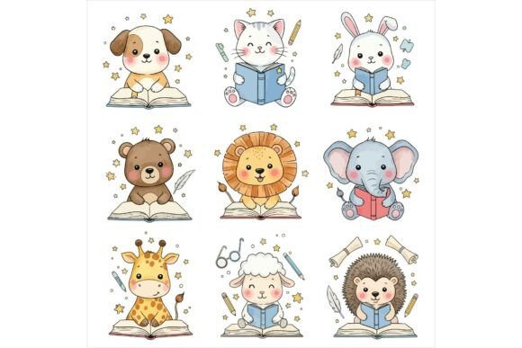 Cute Animals Reading Books: Classroom Illustrations