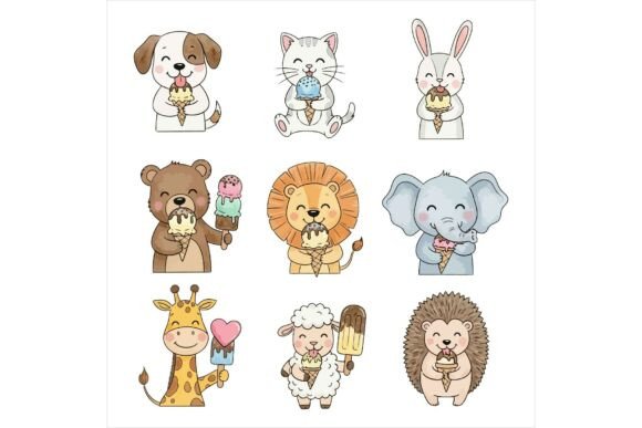 Cute Cartoon Animals Enjoying Ice Cream Illustrations