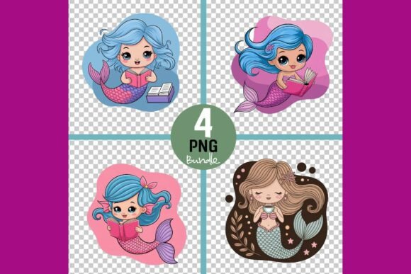 Cute Mermaid Girls Reading Books Bundle Illustrations