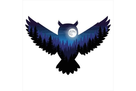 Owl Silhouette Soars Under Moonlight Illustrations