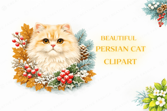 Persian Cat Clipart with Winter Floral Illustrations