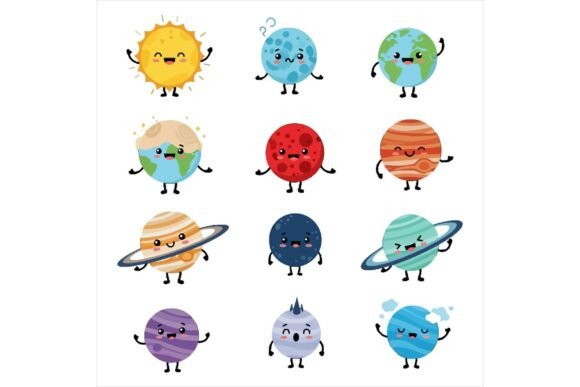 Planets and Sun Cartoon Characters Illustrations