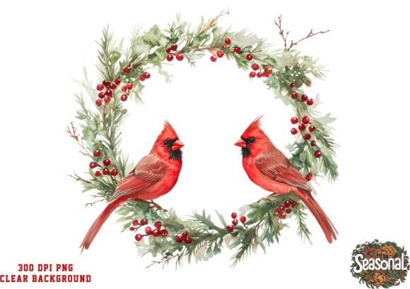 Red Cardinal Holiday Wreath PNG for Illustrations