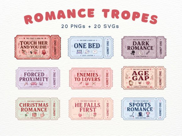Romance Trope Ticket Cliparts: Bookish Illustrations