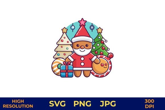 Santa with Gifts and Tree in Festive Illustrations