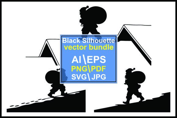Silhouettes Santa Claus Climbing Roof Illustrations
