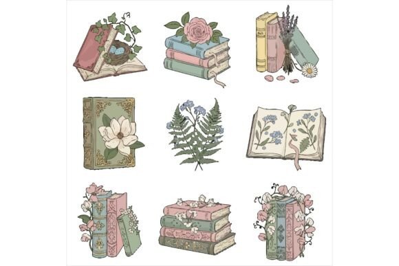 Vintage Book Illustrations with Floral Charm