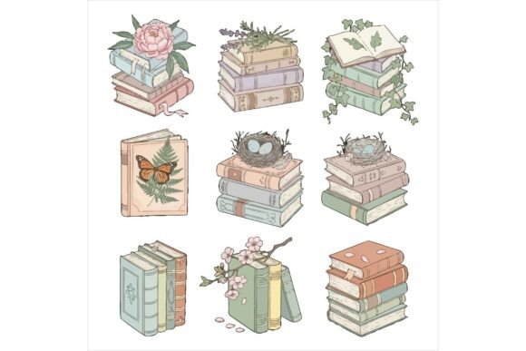 Whimsical Stacked Books Floral Illustrations Review