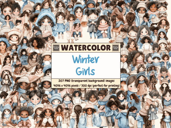 Winter Girls Watercolor Clipart for Illustrations